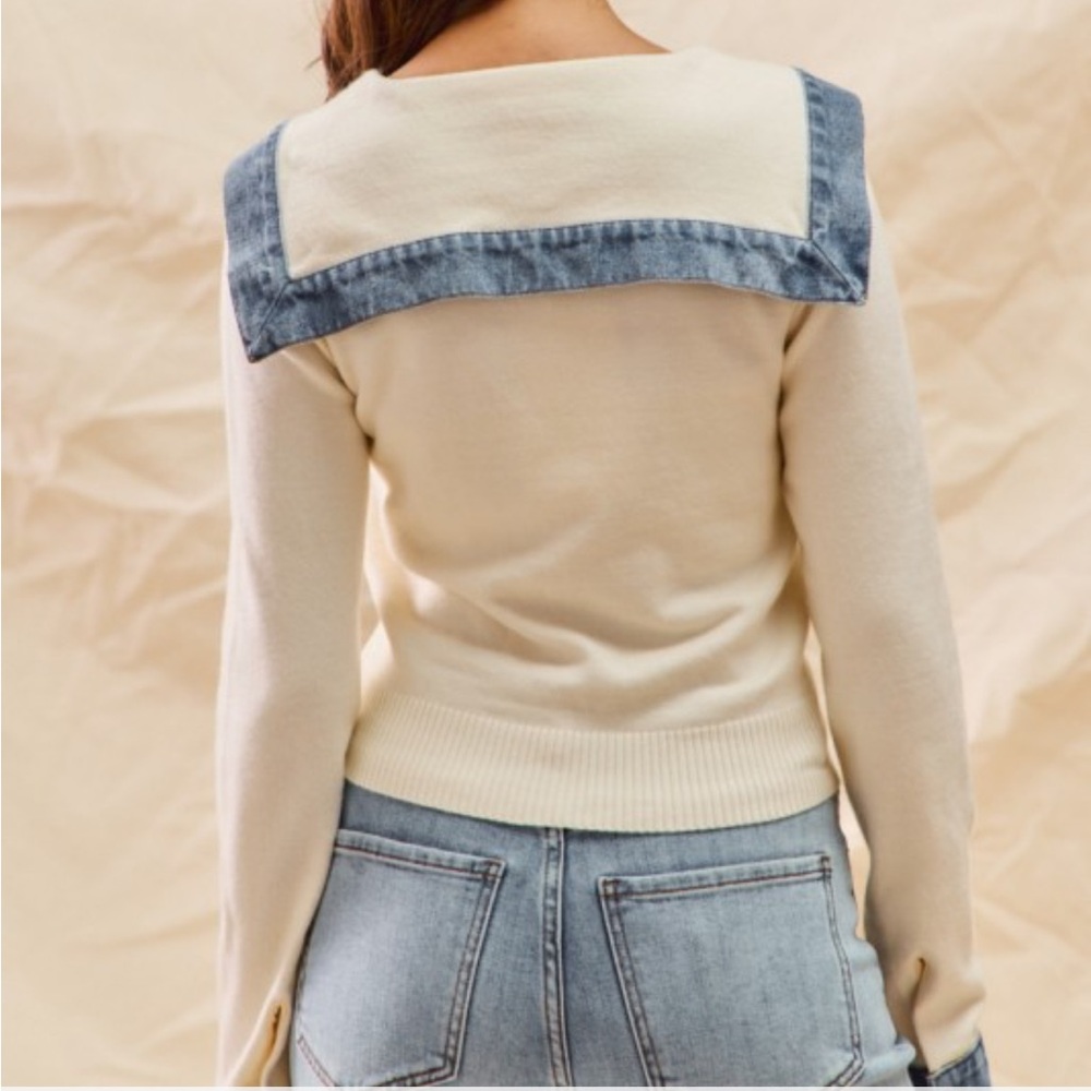 Denim Trimmed Sweater - Picture 3 of 5